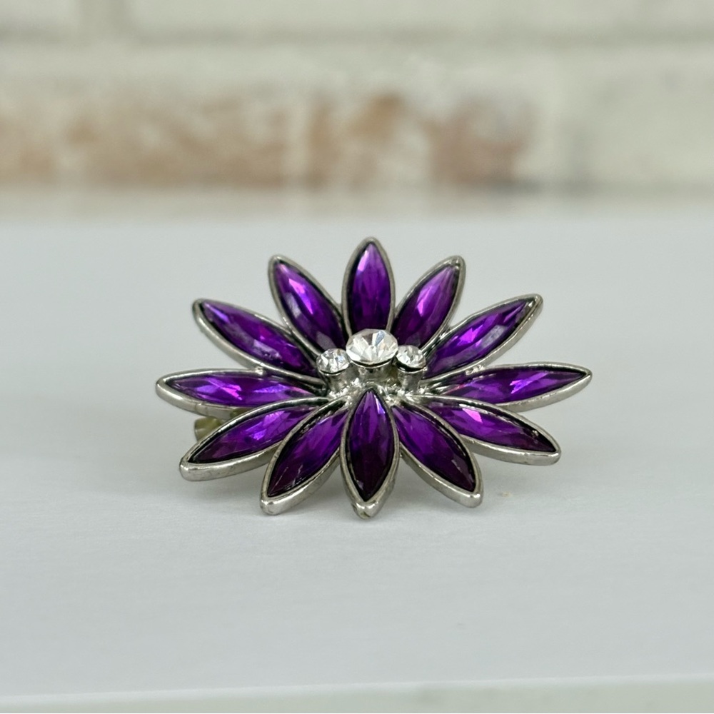 Elegant Purple Flower Brooch 3 Crystal Centre